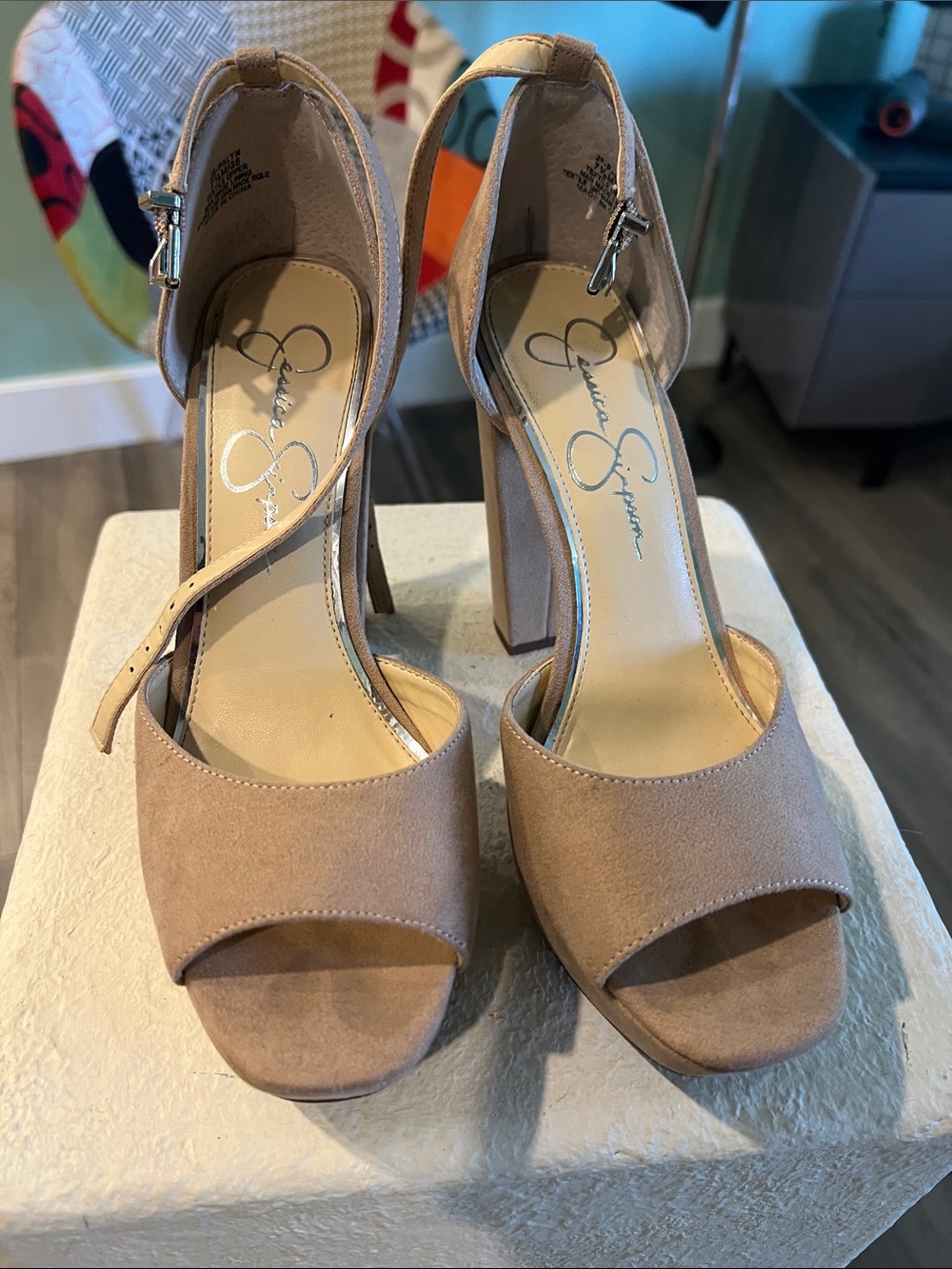 Jessica Simpson Taupe Open-Toe Suede Block Heels
